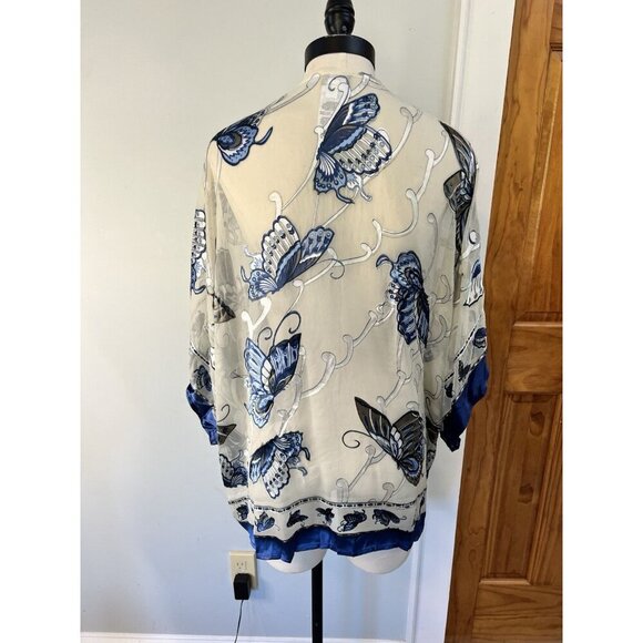 Chicos L/XL Kimono Cardigan Blue White Butterfly Open Front Silk Blend Event - Picture 2 of 5